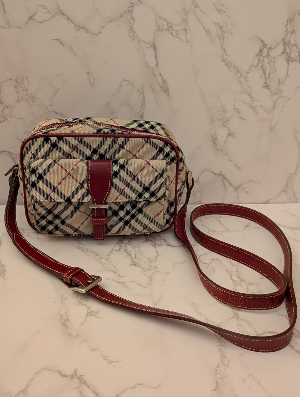 Burberry Red/Burgundy Tan And Black Plaid Crossbody Bag